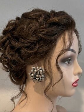 Vintage Silver Floral Faux Pearl Cluster Statement Clip-On Earrings